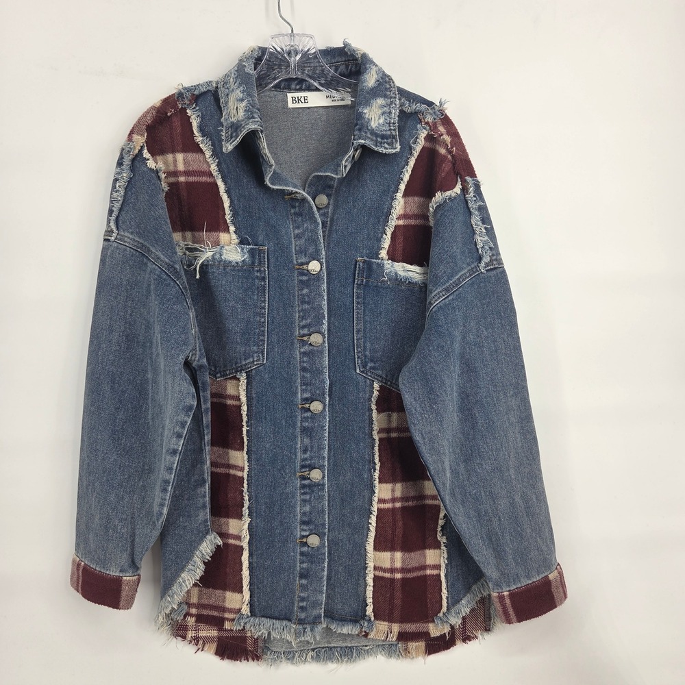 BKE Denim Jacket Medium Maroon Plaid Patchwork Distressed Shacket Boho Eclectic